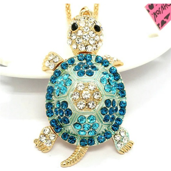 Betsey Johnson Teal Blue Turtle Pendant Necklace Moving Parts Animal Lover - Picture 2 of 7
